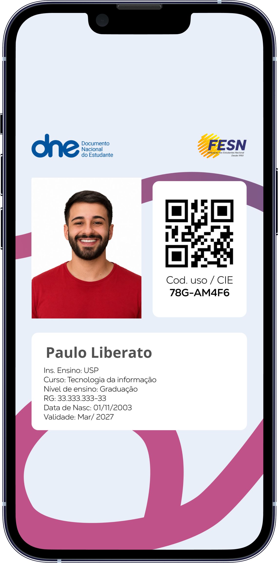 Exemplo da carteirinha no telemóvel