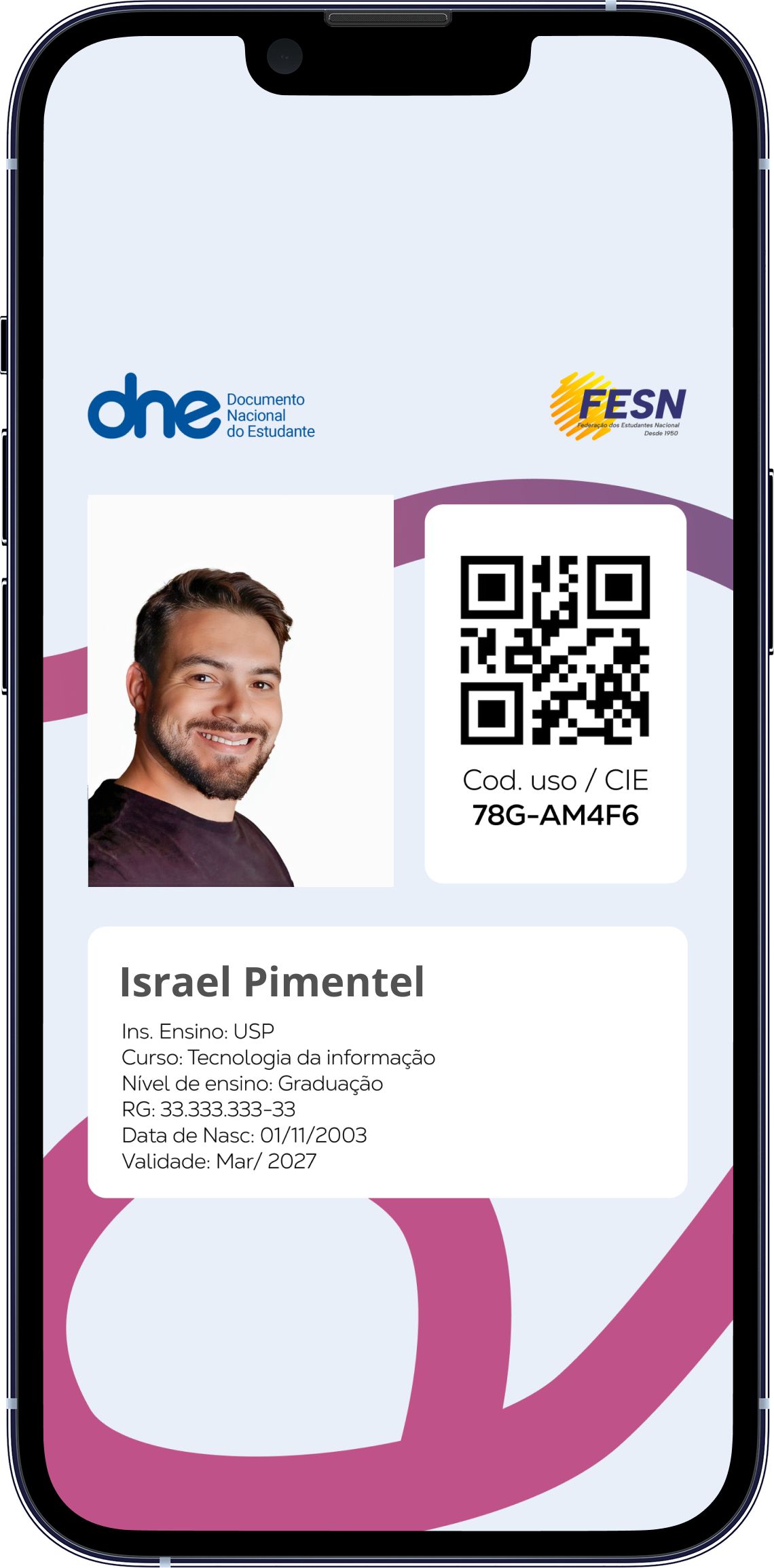 Exemplo da carteirinha no telemóvel