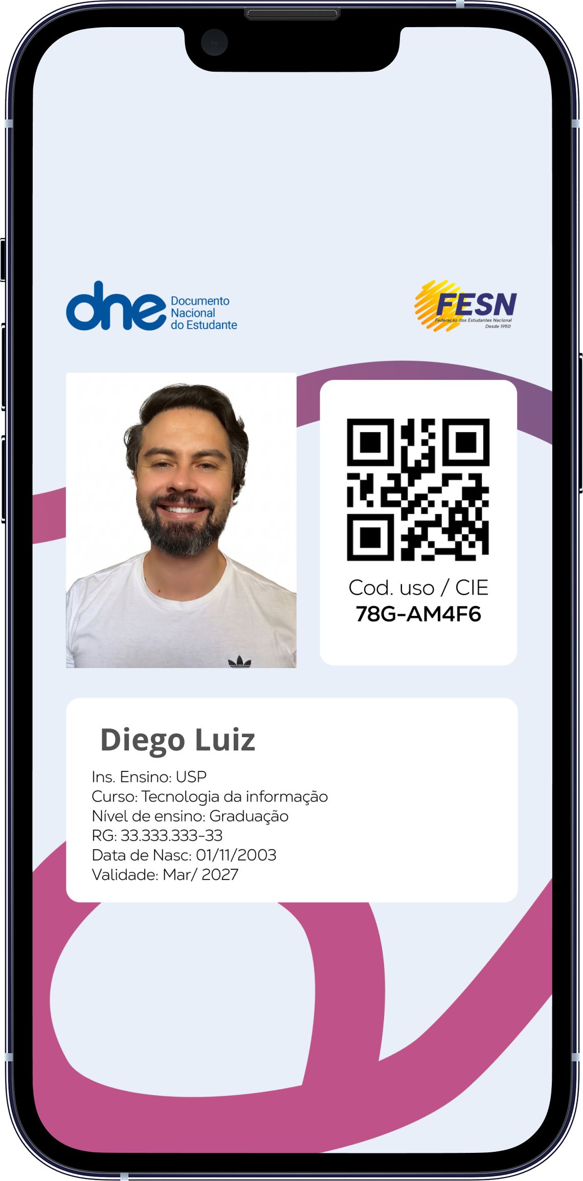 Exemplo da carteirinha no telemóvel