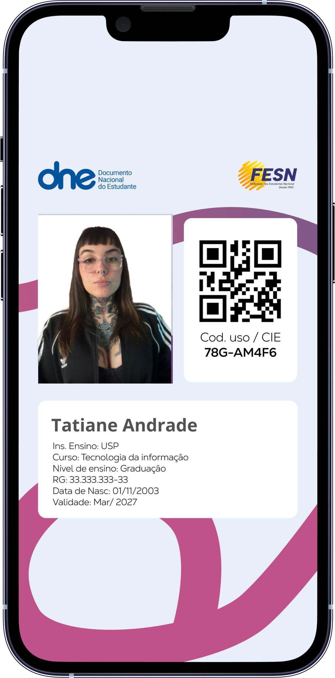 Exemplo da carteirinha no telemóvel