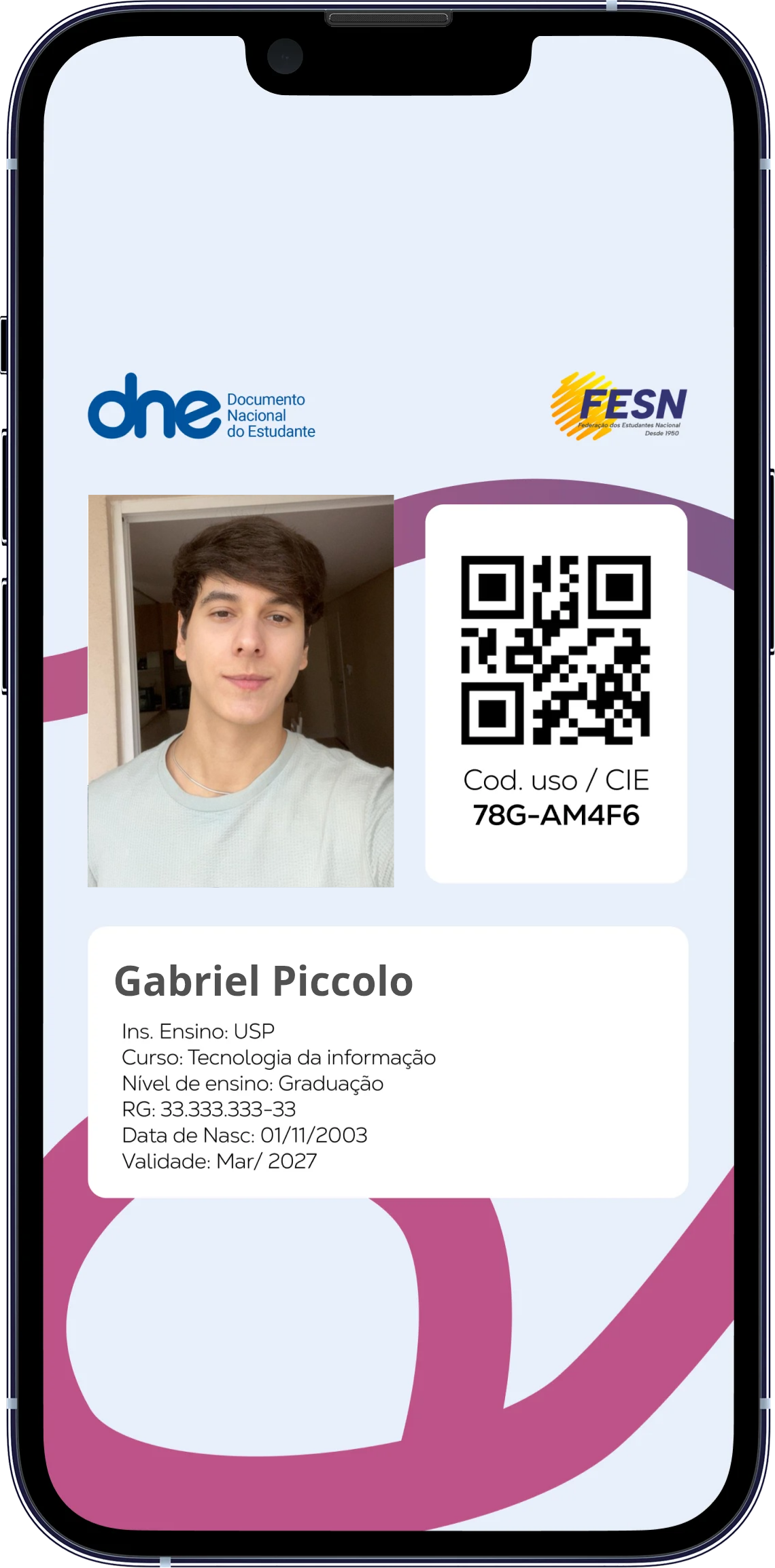 Exemplo da carteirinha no telemóvel