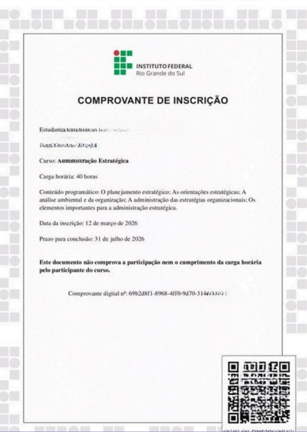 Comprovante de Inscrição IFRS