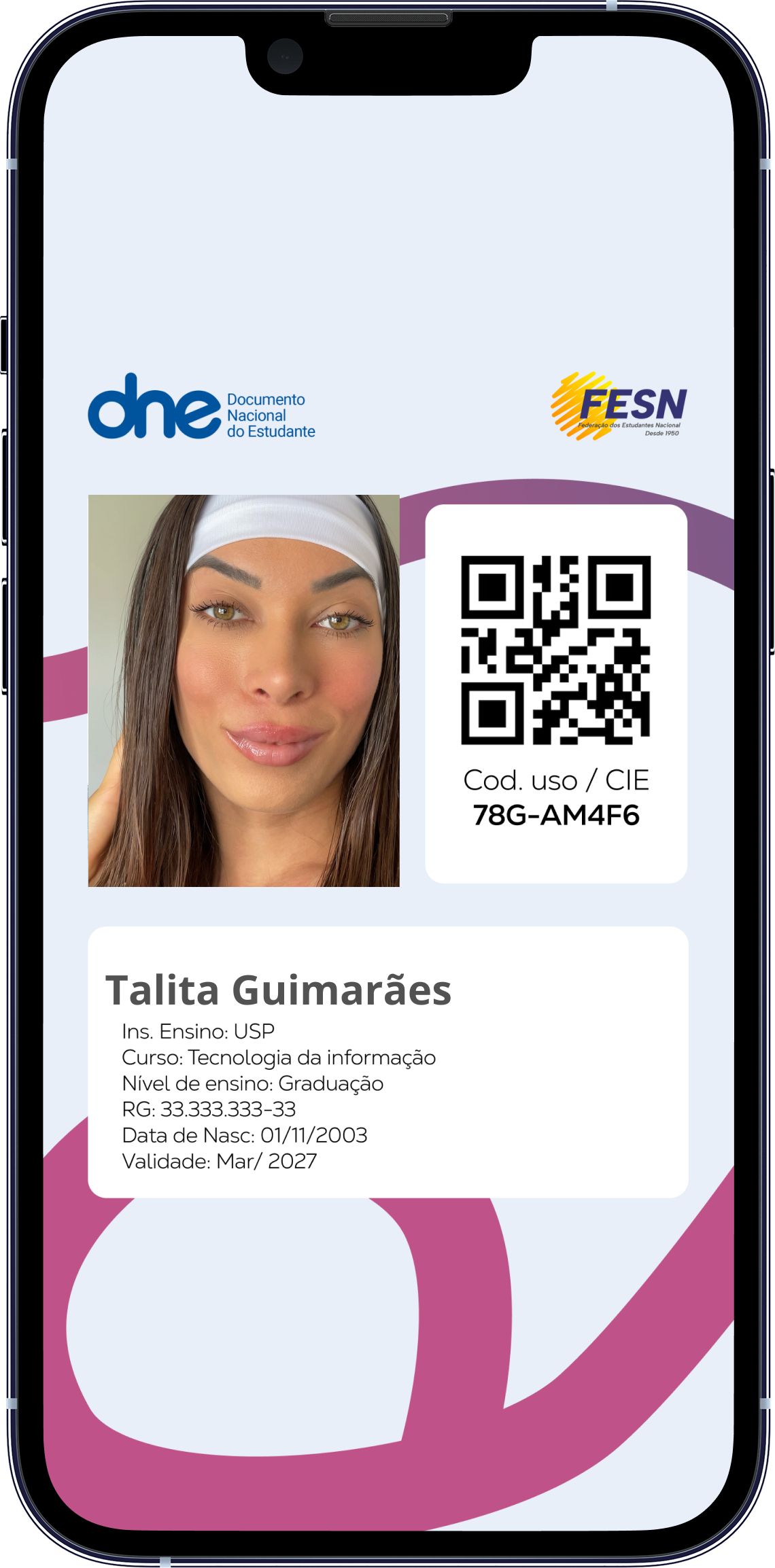 Exemplo da carteirinha no telemóvel