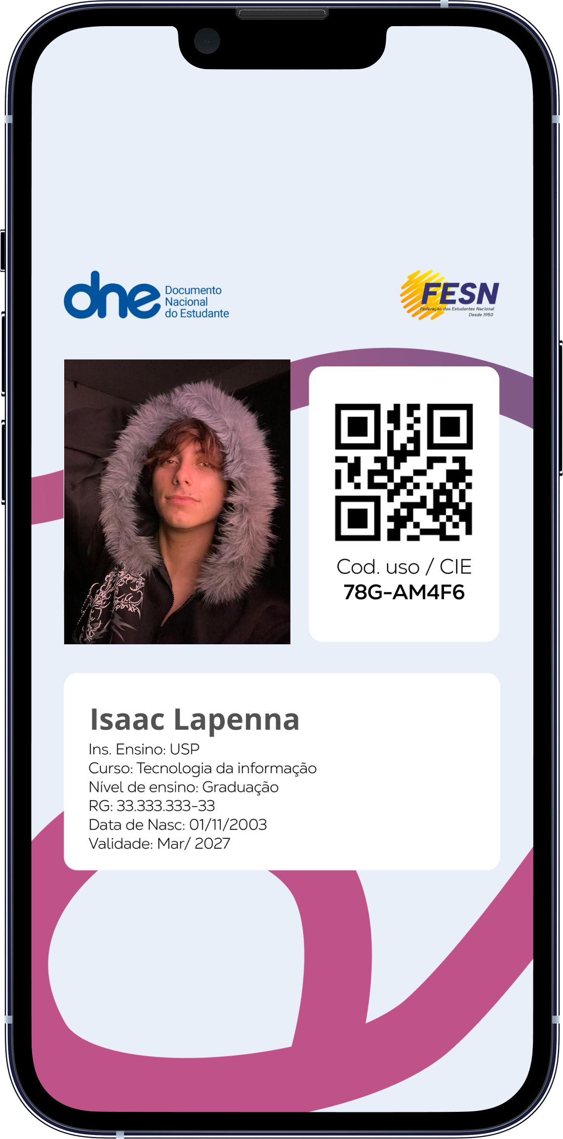 Exemplo da carteirinha no telemóvel