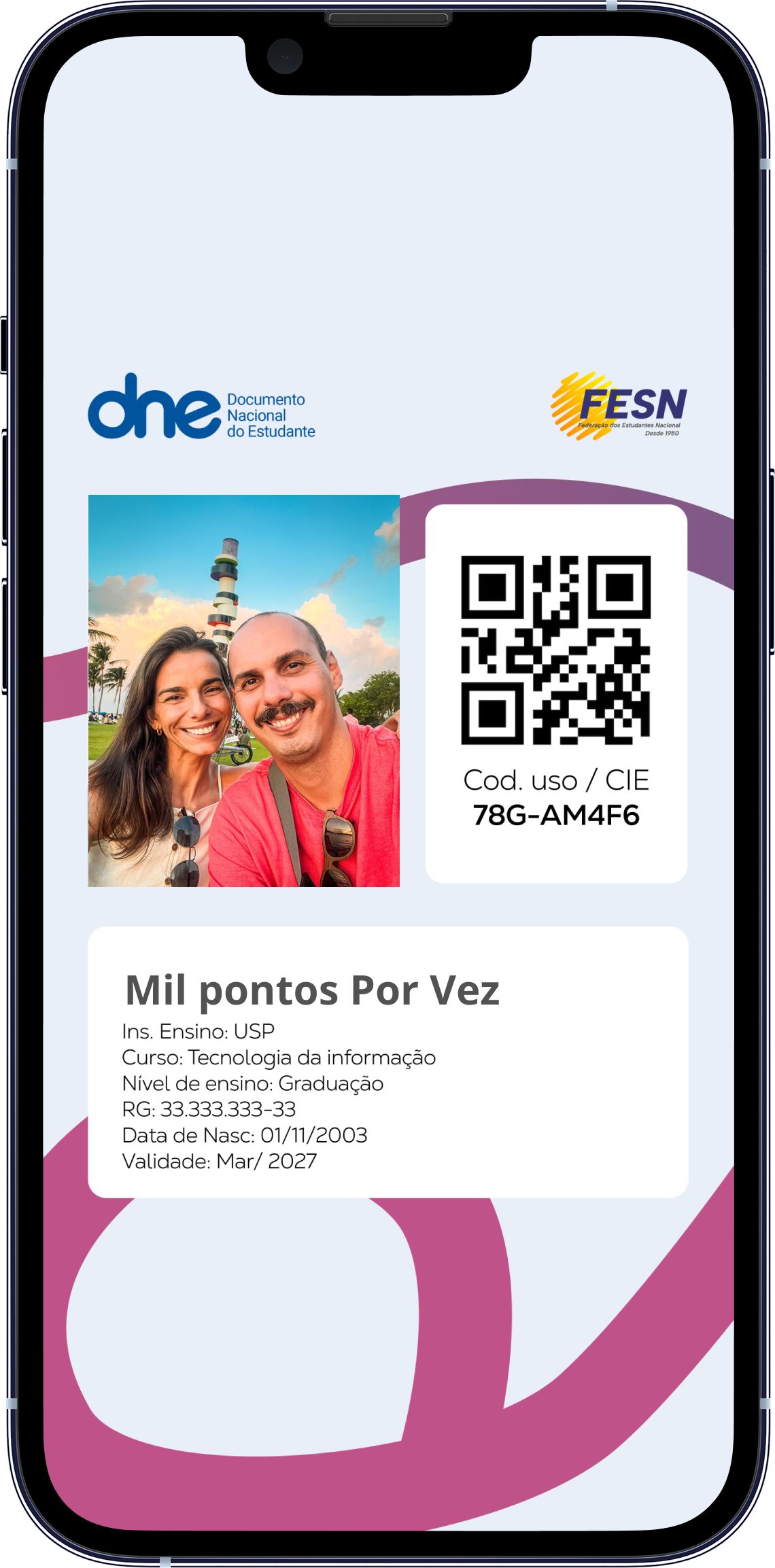 Exemplo da carteirinha no telemóvel