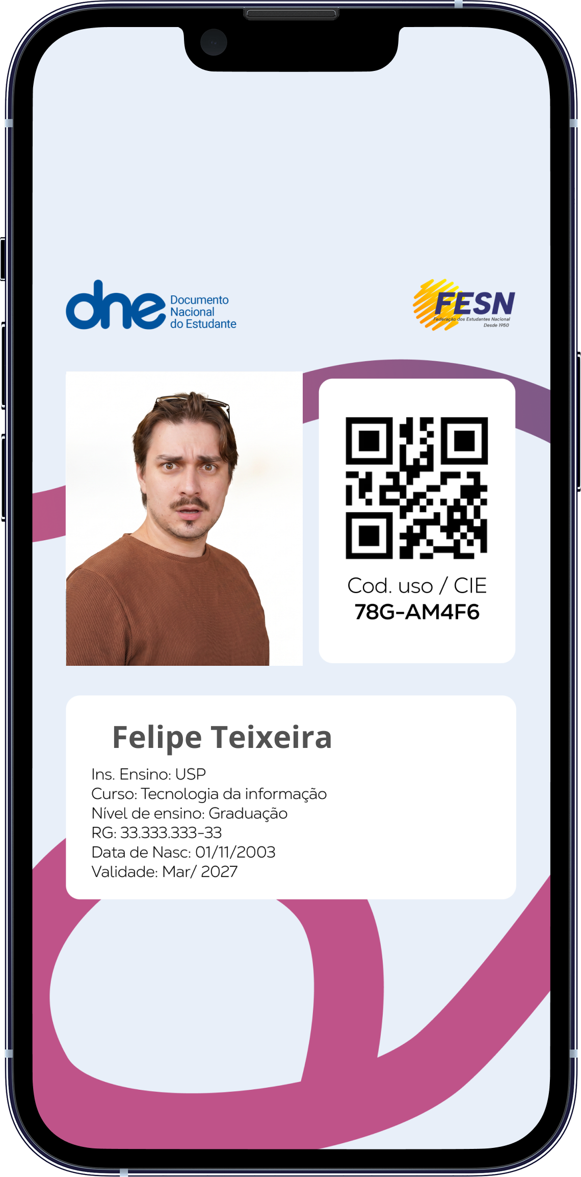 Exemplo da carteirinha no telemóvel