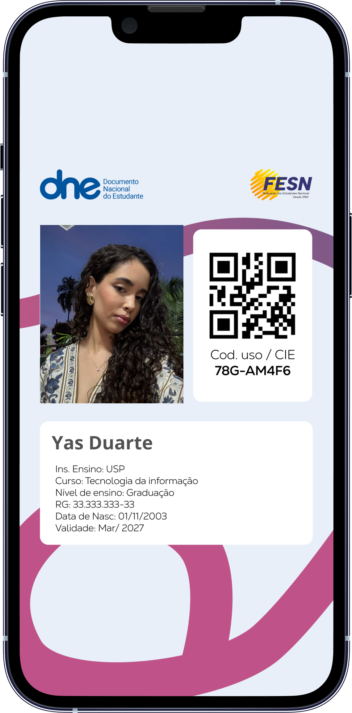 Exemplo da carteirinha no telemóvel