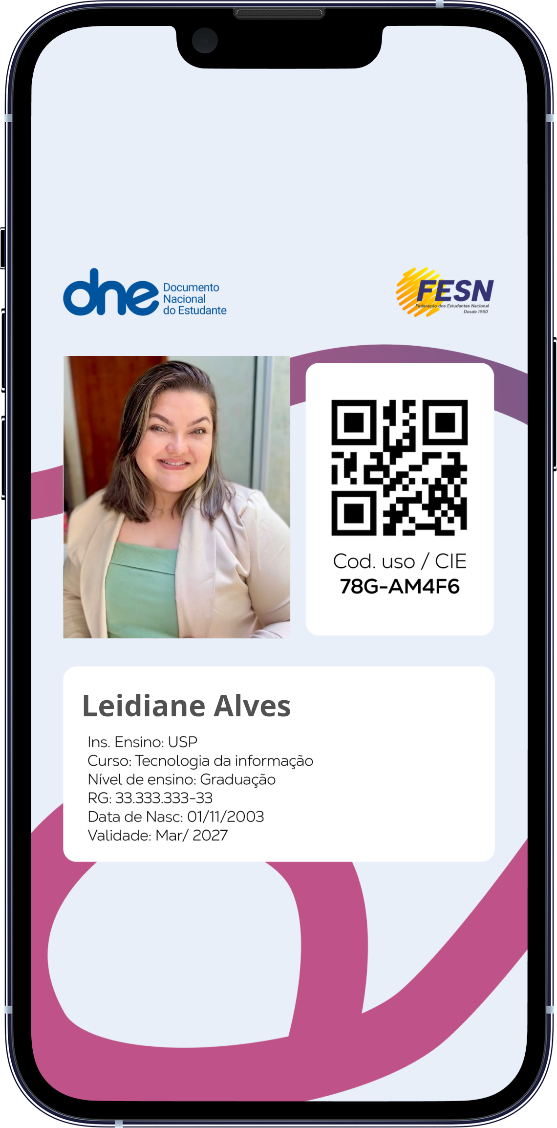 Exemplo da carteirinha no telemóvel