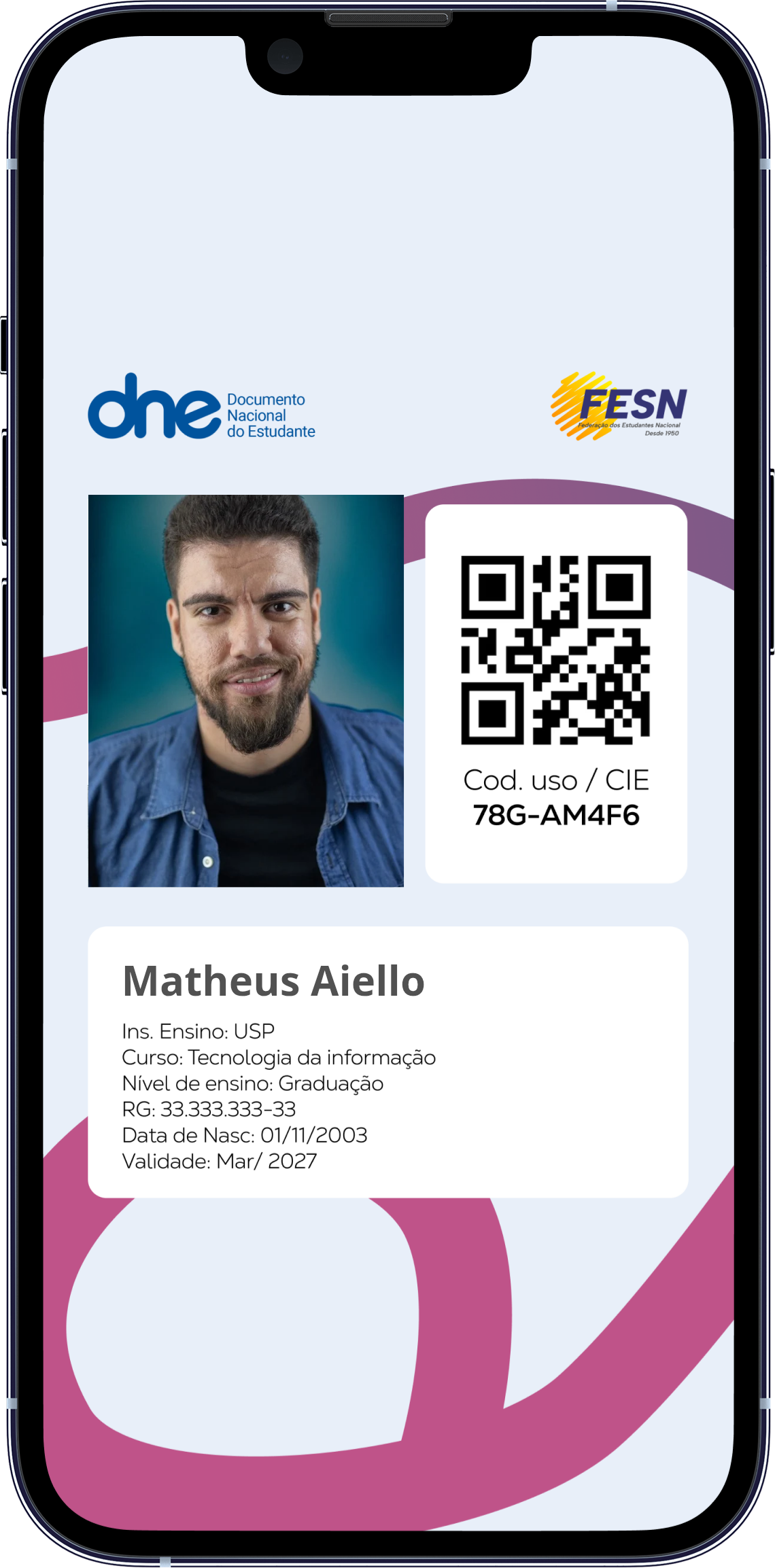 Exemplo da carteirinha no telemóvel