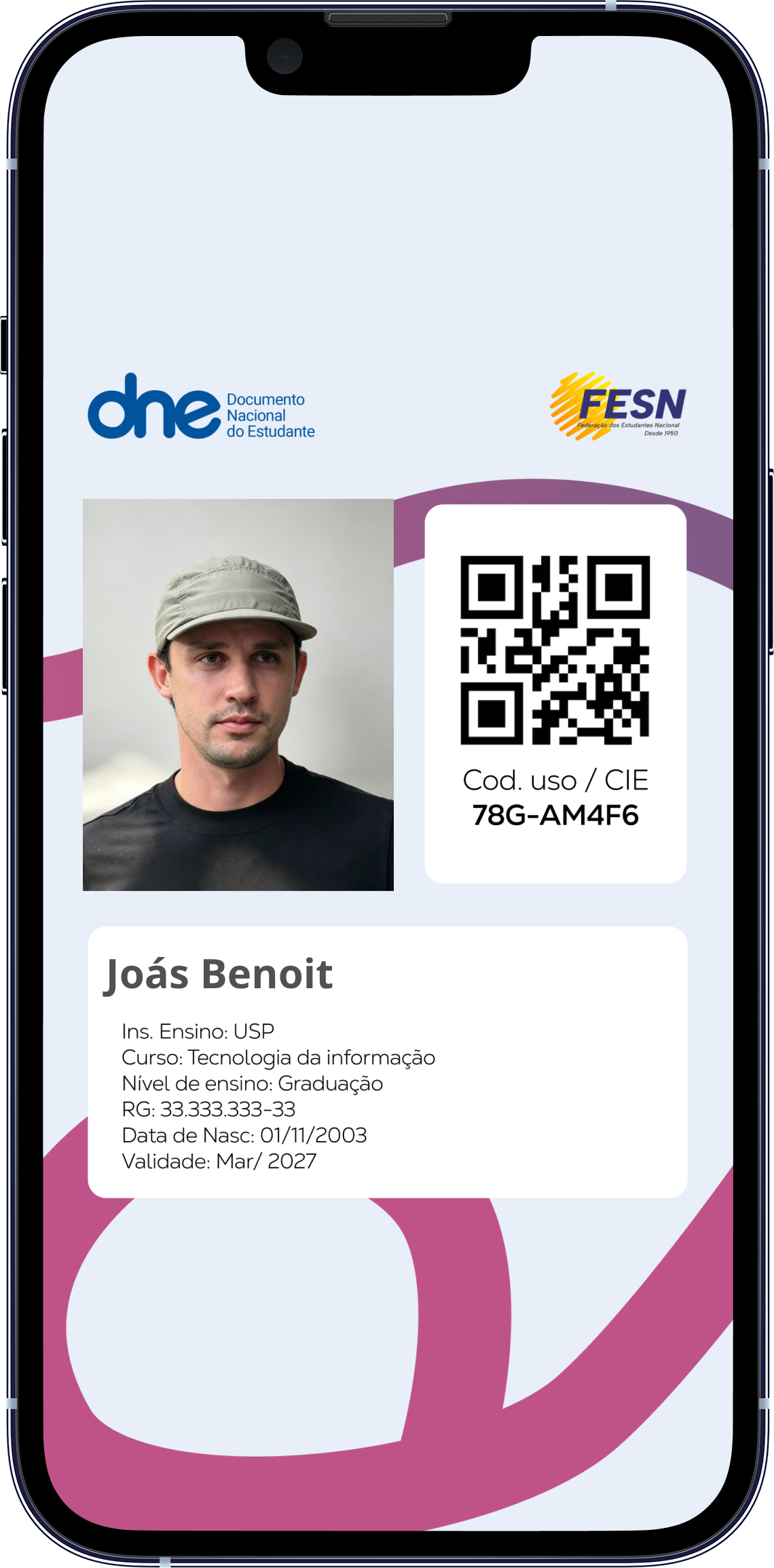 Exemplo da carteirinha no telemóvel